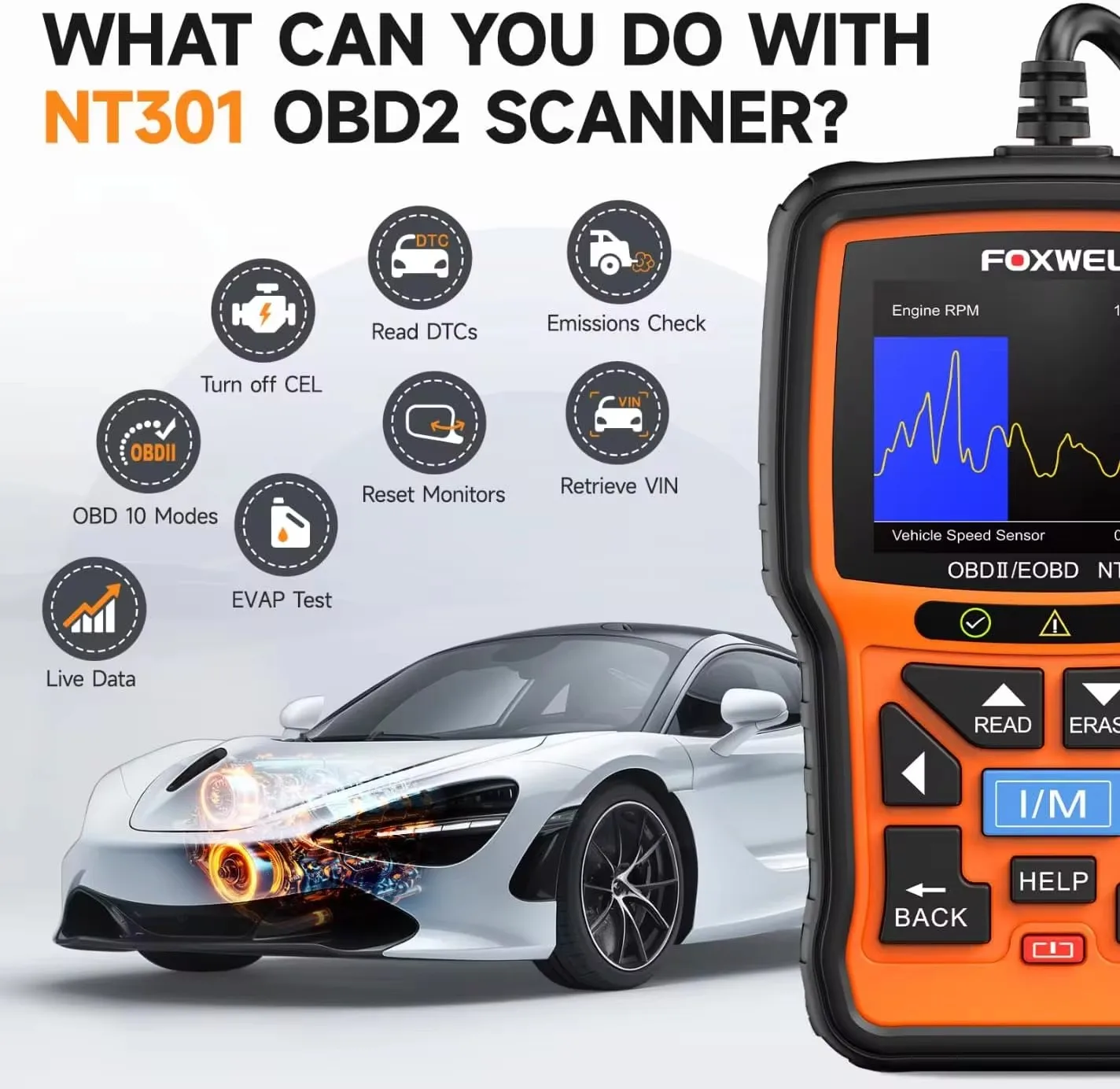 FOXWELL NT301 OBD2 Automotive Scanner Professional Check Engine CAN OBDII/EOBD Code Reader Smog Test OBD 2 Car Diagnostic Tools