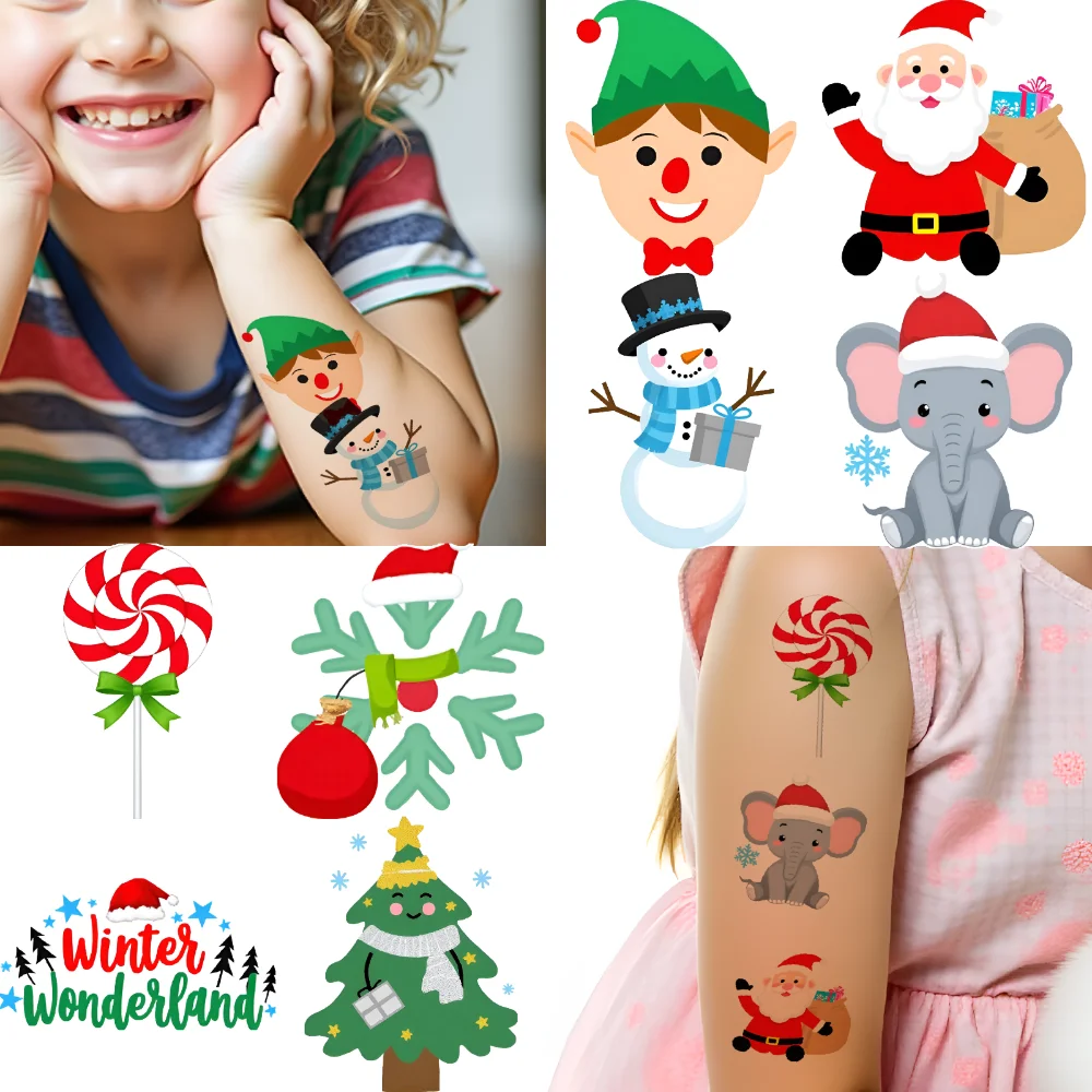 63pcs Temporary Tattoo Christmas Decorations Cartoon Holiday Stickers Winter Holiday Designs For Cheeks Arms