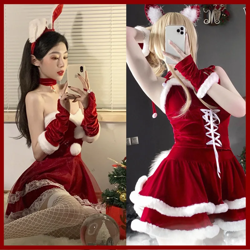 Disfraz de Cosplay de Papá Noel para mujer, lencería Sexy, vestido rojo, capa, mucama, uniforme de conejito, S-XL