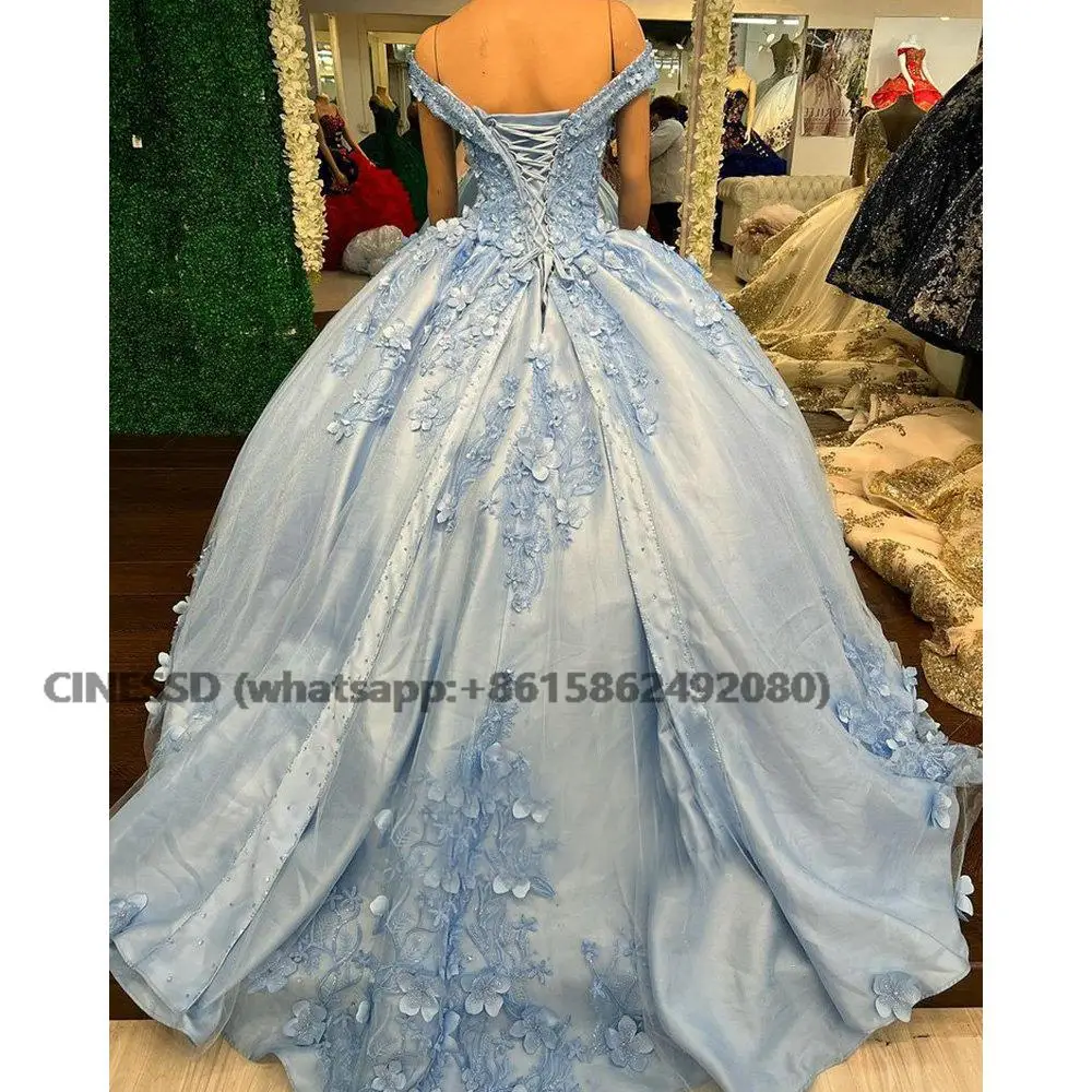 Vestido De baile De quinceañera con hombros descubiertos, azul claro, sin mangas, apliques florales, encaje, hecho a mano, 15 y 16 años