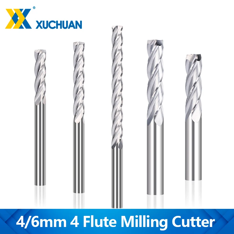 

XUCHUAN 1 шт., 4 флейты, твердосплавная фреза, 4/6 мм, хвостовик, спиральная плоская фреза с ЧПУ для дерева, металла, режущий инструмент