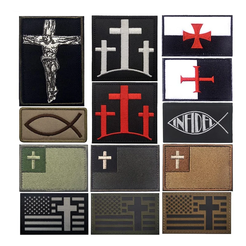 Tactical Military Morale Armband Badge God Crusader Jihad Fastener Applique Christian Cross Patch Jesus Christ Fish Embroidered