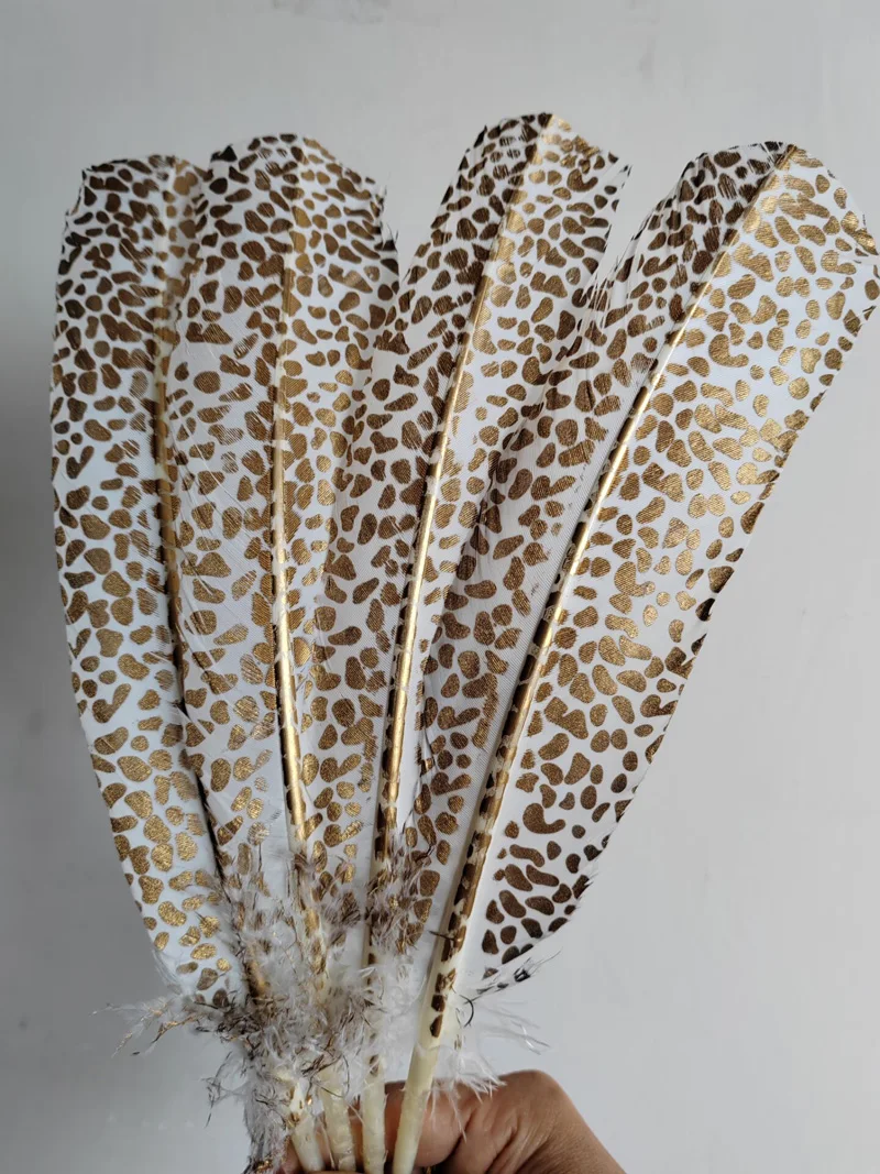10Pcs/lot!25-30cm Gold Plating Turkey Round Quill feathers,Leopard Turkey Quills for Crafts Plume Headdress Accessories Holiday