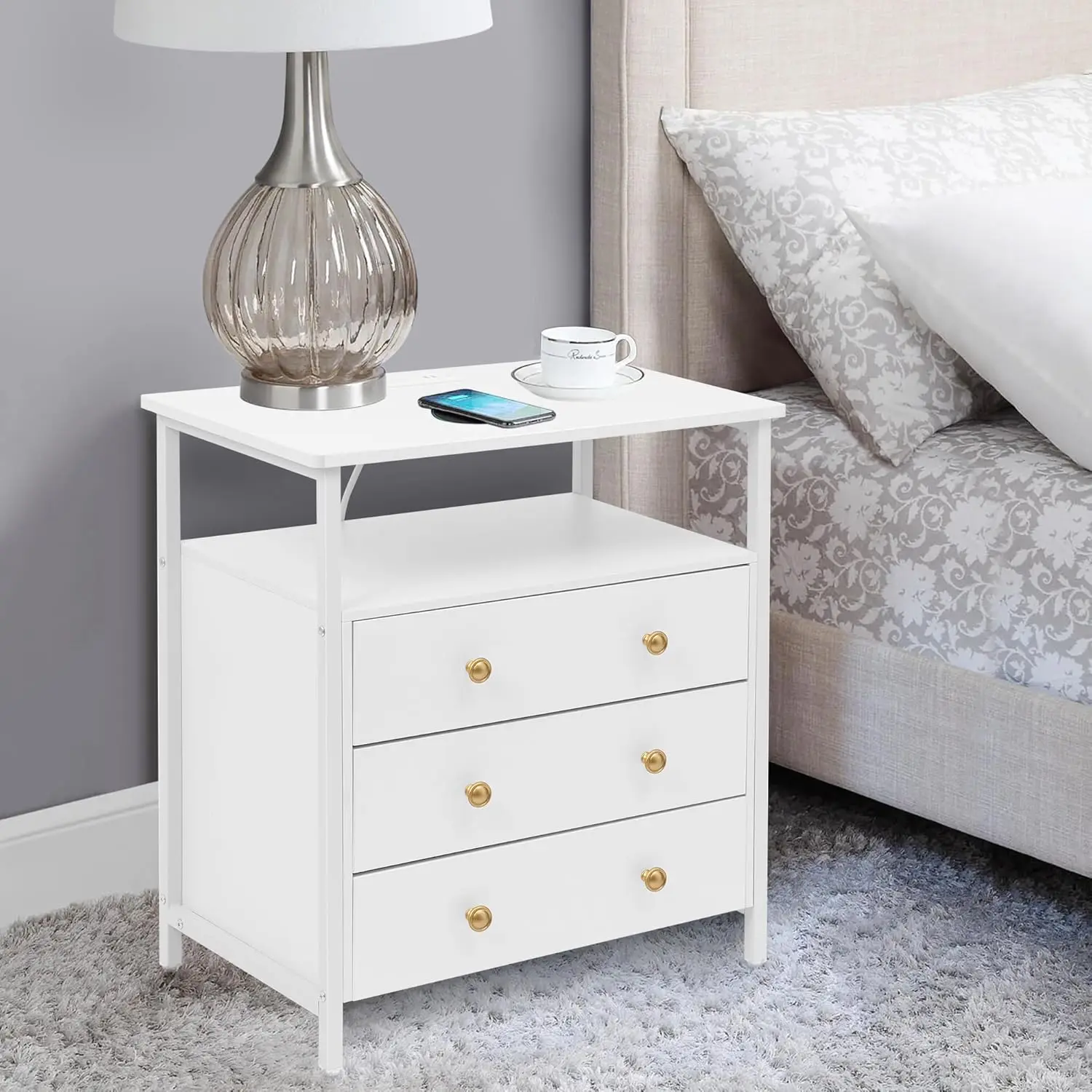 3 Wooden Drawers Night Stand, 27 Inch Wide Nightstand with Charging Station and Adjustable Drawers, Bedside Table for Living Roo