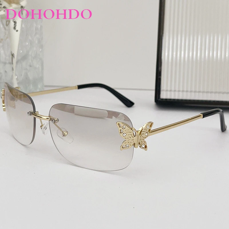 

Luxury Brand Design Rimless Sunglasses Women Fashion Decorative Trending Delicate Butterfly Sun Glasses Outdoors Travel UV400