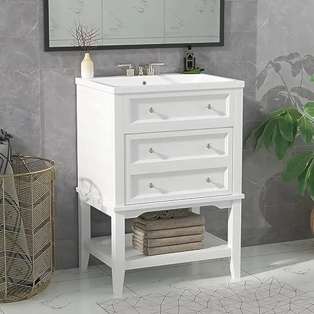 

24" White Bathroom Vanity Set with Ceramic Sink Drawer Open Shelf Freestanding Cabinet Storage