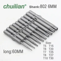 1Pcs Magnetic Torx Screwdriver Bits Kit 802 6mm Round Shank Electric Driver Bits Hand Tools without Holes T5 T6 T7 T8 T10 T15