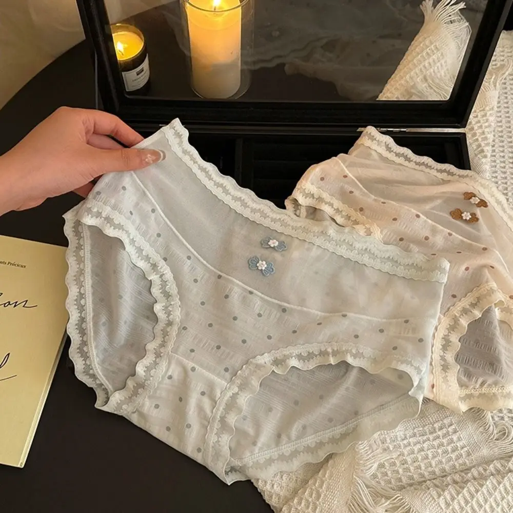 تنفس منتصف الخصر الدانتيل شبكة سراويل شفافة مريحة الحلو كشكش ملخصات نقطة الملابس الداخلية رقيقة الملابس الداخلية النساء الصيف #1
