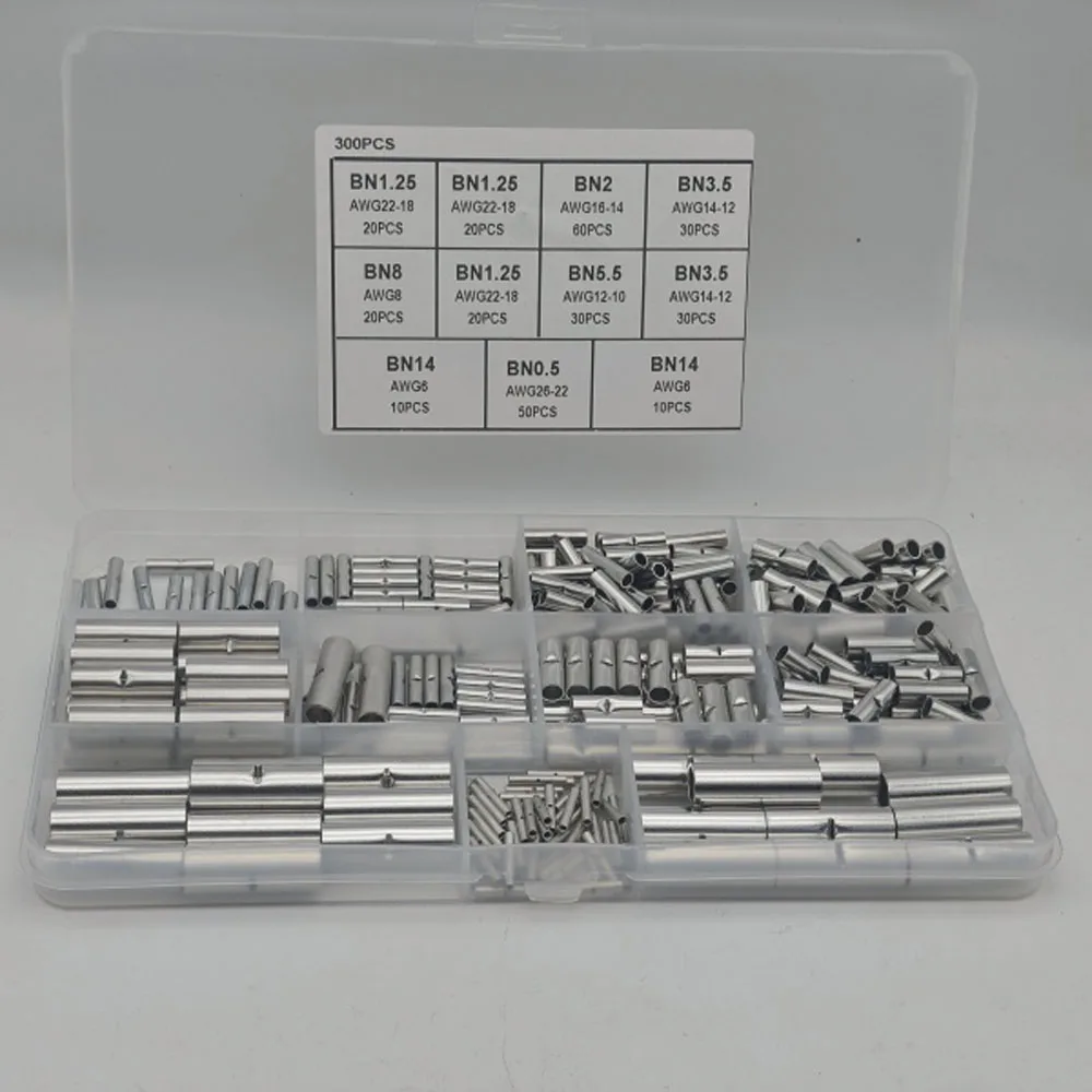 

300 Pcs Non Insulated Butt Connectors Kit AWG 6-22 Gauge Uninsulated Butt Connectors Electrical Wire Crimp Ferrule Terminals