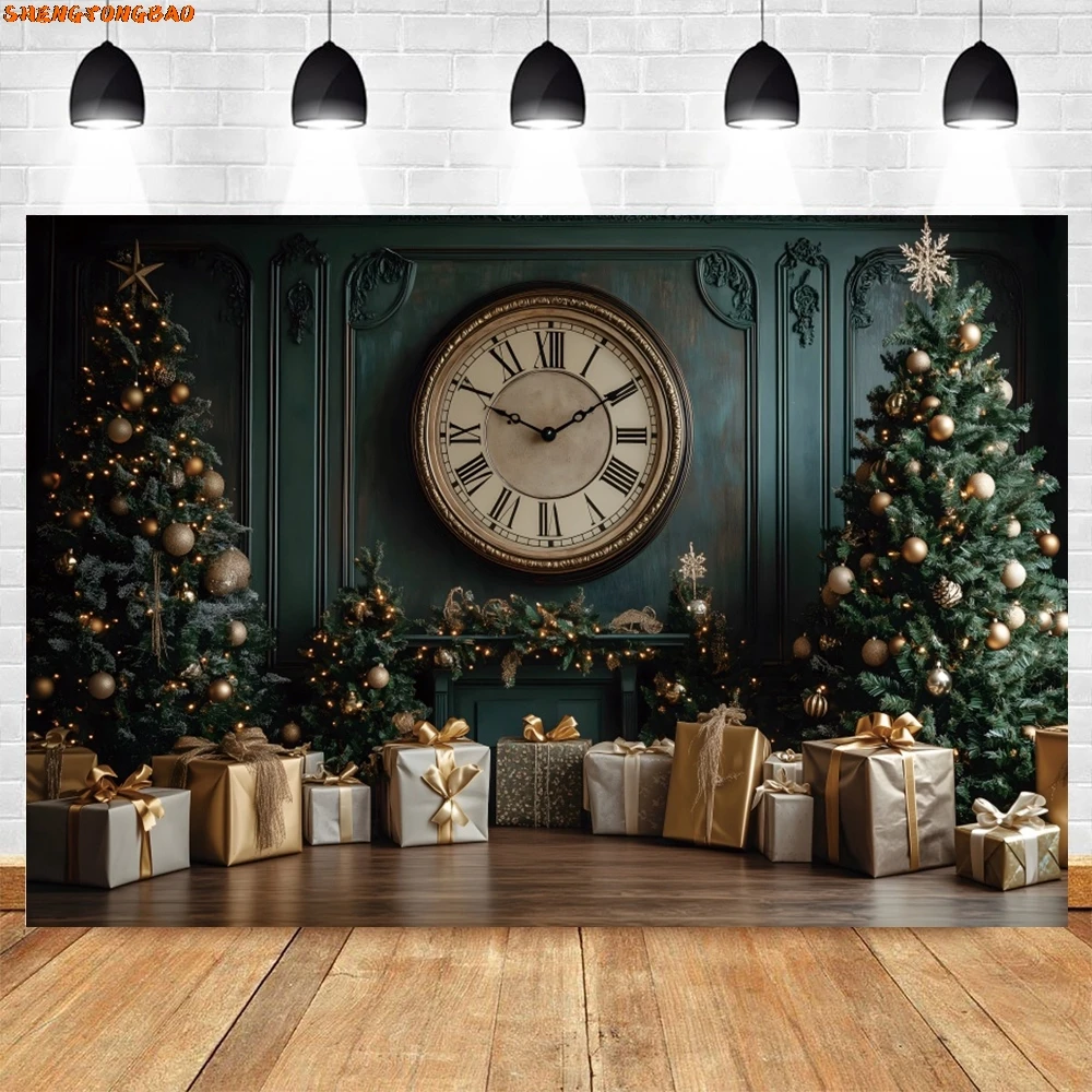 Green Christmas Clock Backdrop Xmas Tree Gifts Baby Kids Portrait Family New Year Party Photography Background Decor Photostudio