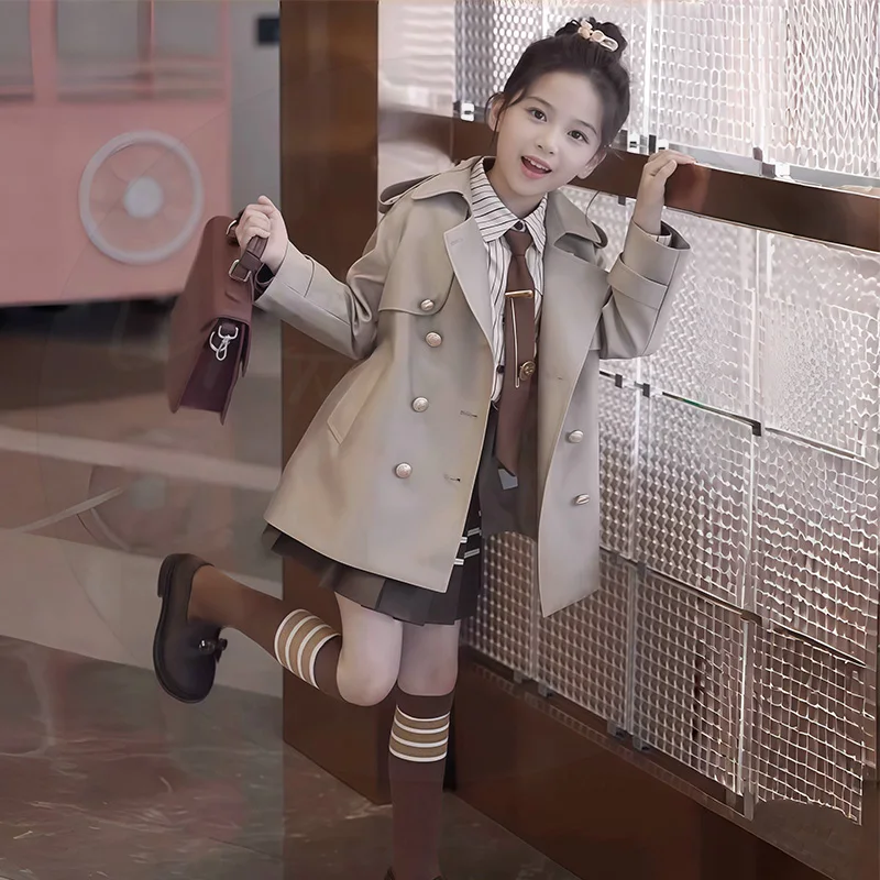 4-14 الخريف الكاكي 100% طفل الفتيات مزدوجة الصدر سترة واقية فتاة في سن المراهقة المدرسة سترة صغار طفل ملابس خارجية معطف الملابس