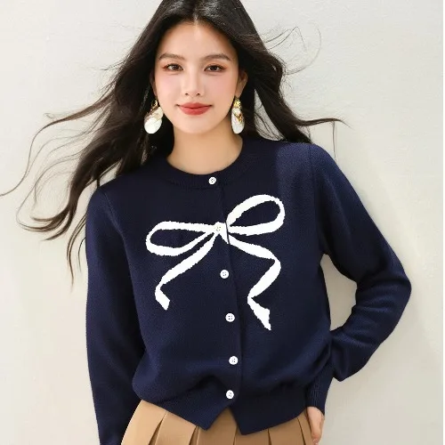 

Women Round Neck Knit Cardigan Sweater Autumn Fashion Bow Print Casual sweaters