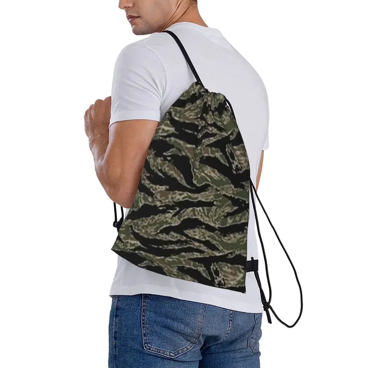 Tiger Stripe Camouflage Military Camo Backpacks Casual Drawstring Bundle Pocket Storage Bag Book Bags for Travel Students