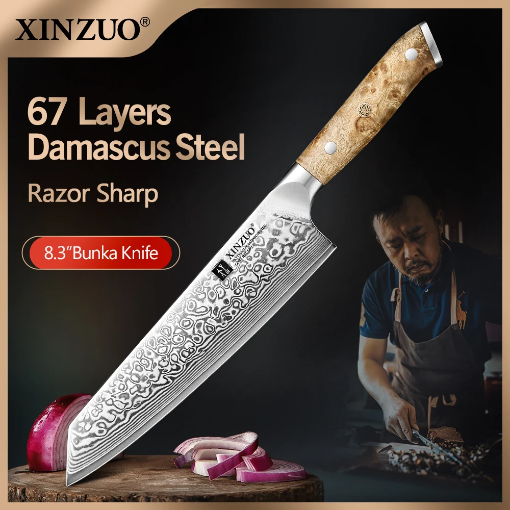 XINZUO Профессиональный 8,27-дюймовый нож шеф-повара Bunka, выбор 67-слойных дамасских изделий, 60 ± 2 HRC 15 °   Подарочная упаковка с ручкой Edge Sycamore