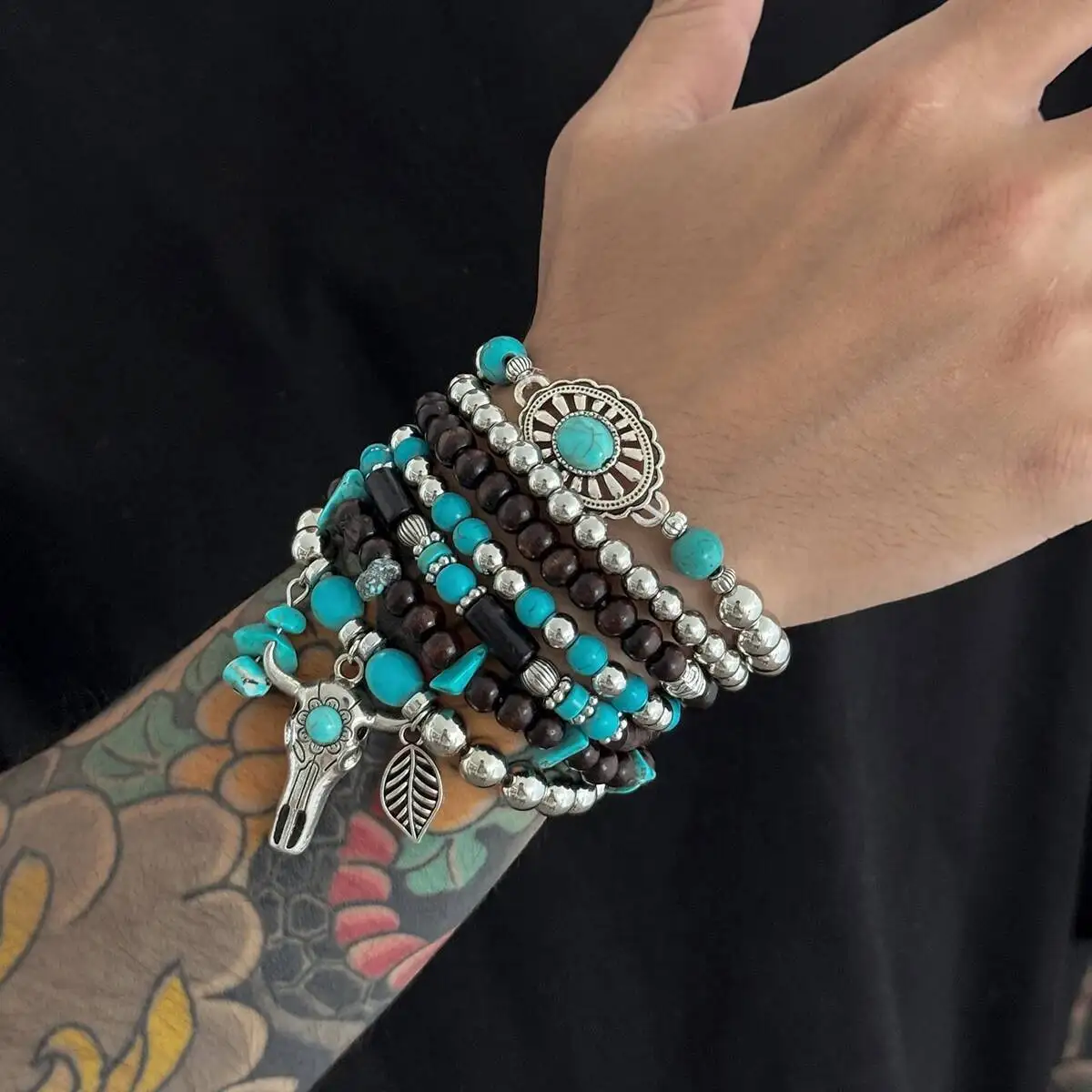 IngeSight.Z 4 Stile Vintage Boho Holzperlen Armbänder Set Männer Gothic Punk Ochsenkopf Polymer Clay CCB Armbänder Zubehör Geschenke