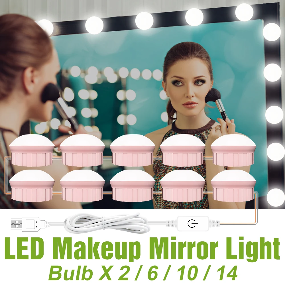 LED Makeup Mirror Light USB Dressing Table Lamp 5V Dimmable Bedroom Bathroom Home Mirrors Decoration Lighting Bulb White/Pink