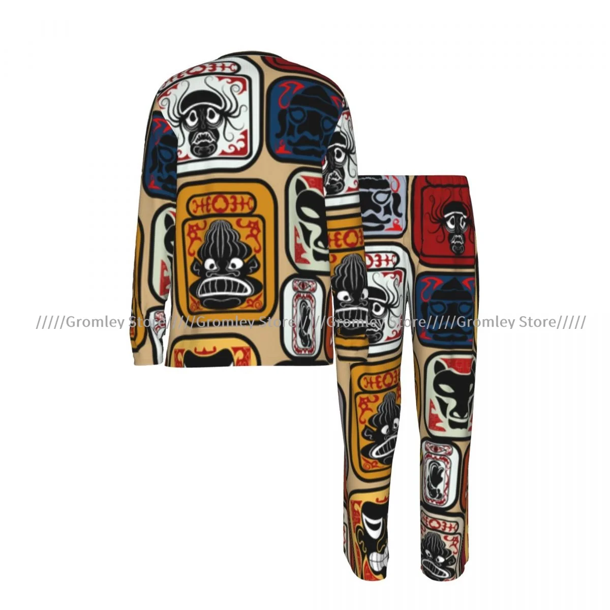 Men's Pajama Set Long Sleeve and Long Pants Tribal Pattern Soft Sleepwear for Home
