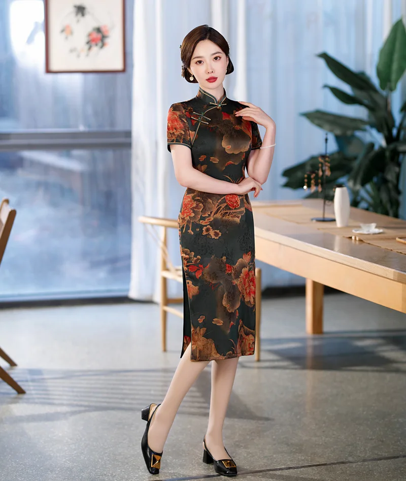 

Vintage Handmade Buttons Printed Satin Chinese Women Cheongsam Knee-Length Qipao Party Prom Gown Evening Dress