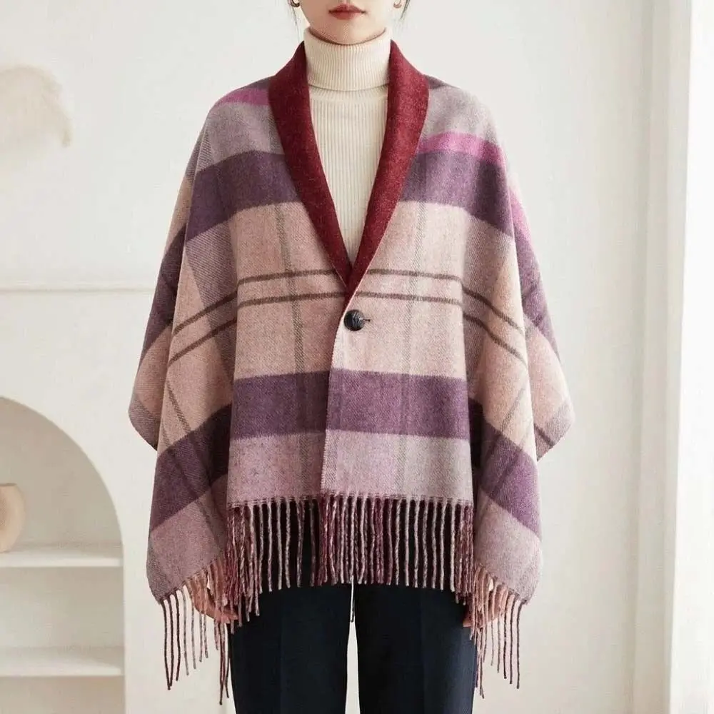 Multi-Functional Double‑Sided Plaid Poncho Shawl Thick Knit Tassel Trim Blanket Shawl Button Closure Faux Wool