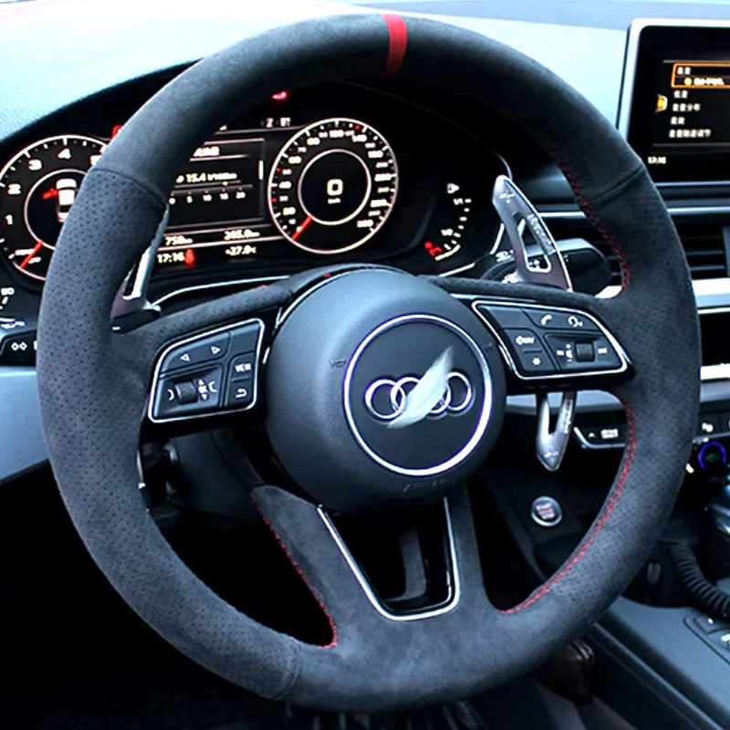 For Audi A3 A5 RS3 RS5 S3 S4 S5 2017 2018 2019 Hand-stitched Steering Wheel Cover Braid Red Stitch Suede Interior Accessory