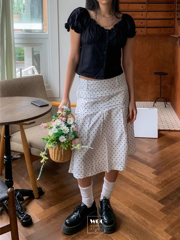 

2200, осень-зима, женская корейская модная юбка-миди в горошек, 2000-е годы, Y2k Shoujo, высокая талия, кокетка в студенческом стиле, вечерние новинки