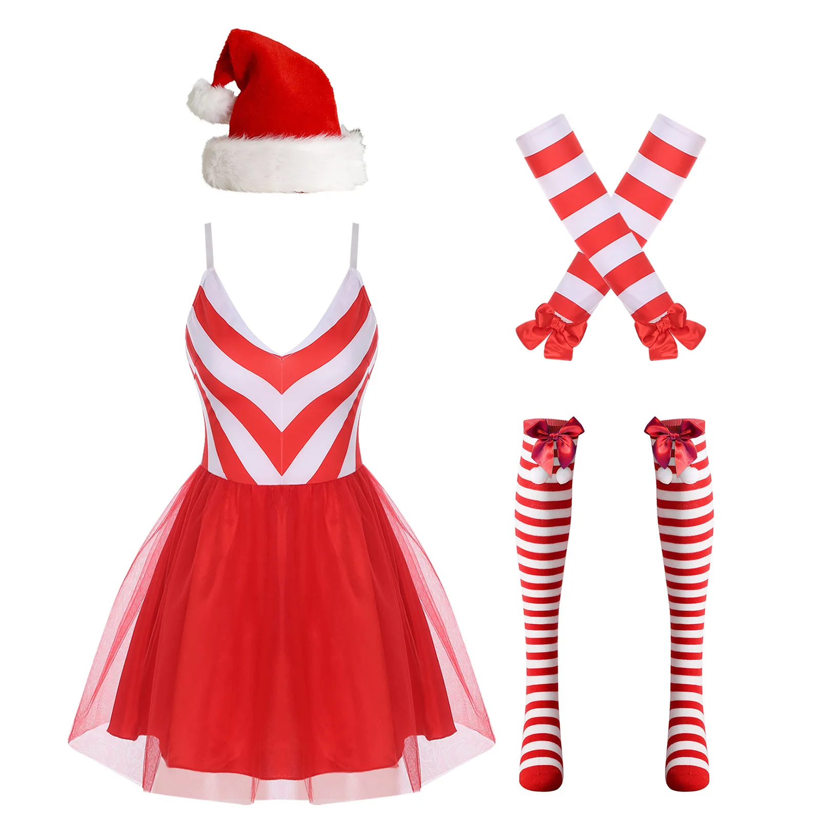 Abito da ballo natalizio da donna, festa di Natale, Capodanno, costume da elfo di Babbo Natale, cinghie regolabili, maniche a tutù in tulle a righe con bastoncino di zucchero