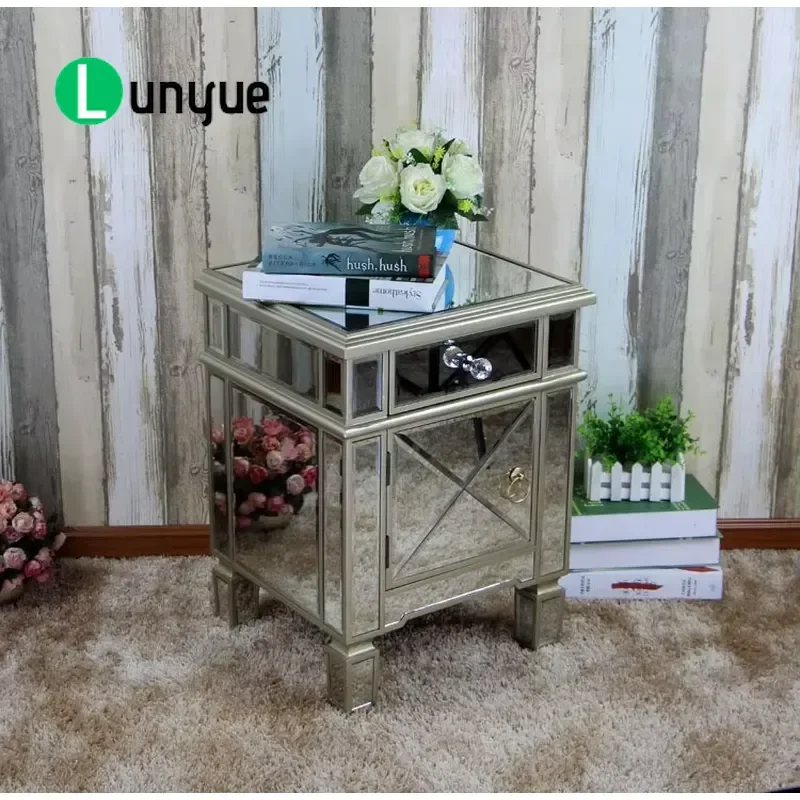Custom Silver Mirror Nightstand Modern Simple Bedside Table High Quality MDF Wood Style Furniture for Home Hospital Bedroom
