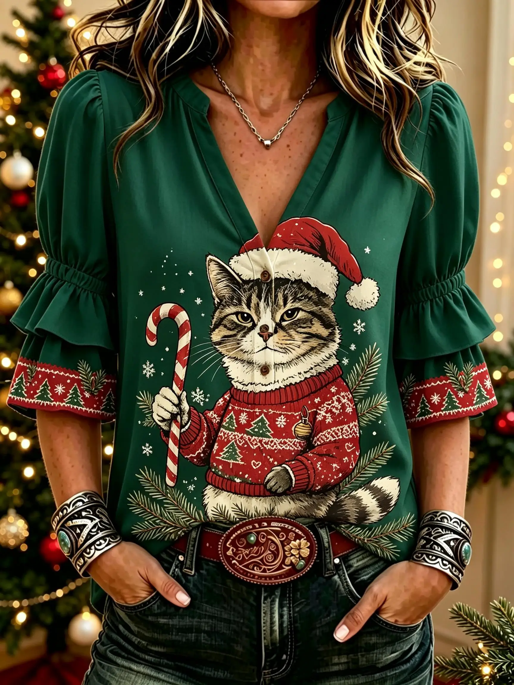 Women V‑Neck Layered Ruffle 3/4 Sleeve Blouse Cute Xmas Pet Cat Dog Rabbit Retro Christmas Holiday Print Top