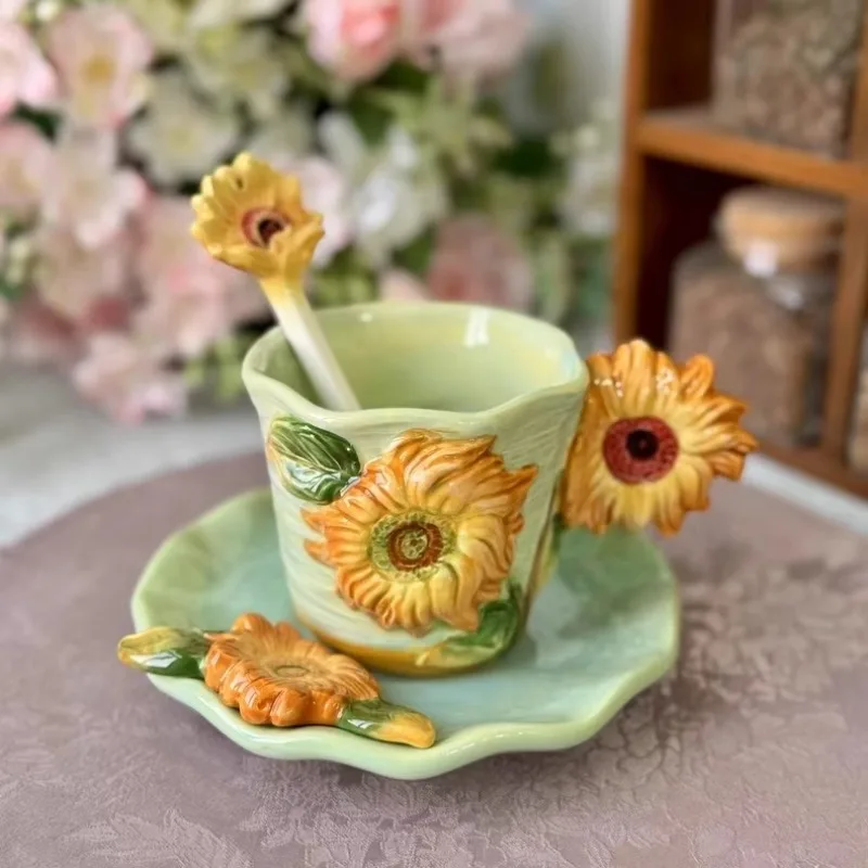 

Home 200 Ml Hand Drawn Underglaze Colored Coffee Cup Dish Set Creative Coffee Mug Exquisite Black Tea Cup Sunflower Flower Cup