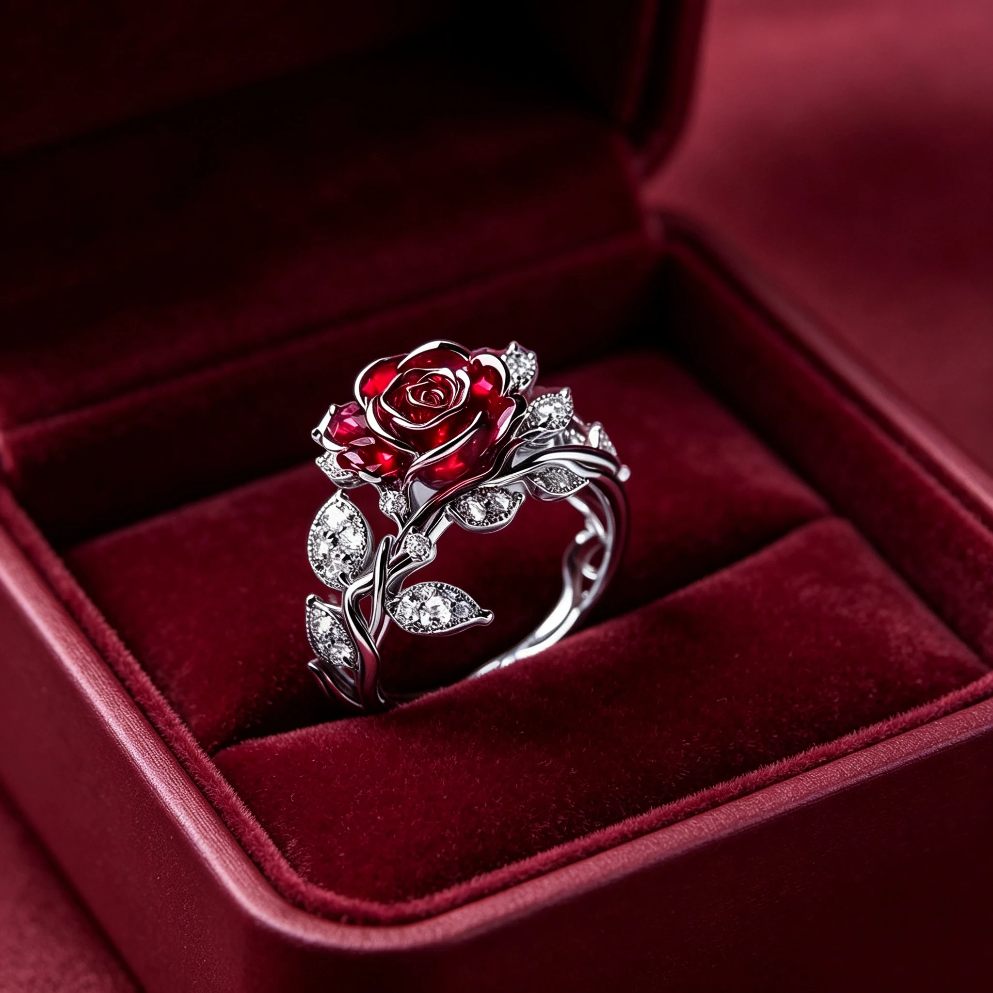 Women's Exquisite Luxury Rose Flower Ring, Red & White Zircon