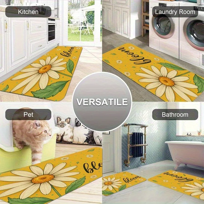 

1PC Sunny Daisy Bloom Pattern Kitchen Rug Non-Slip Door Mat Pop design Bathroom Rug Bath Mat Carpet for Home Sink Laundry Decor