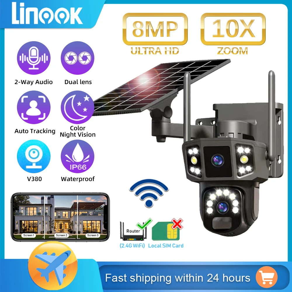 Linook V380 10X dual lens 4K outdoor security network camera wireless WIFI solar closed-circuit television wifi solar camera