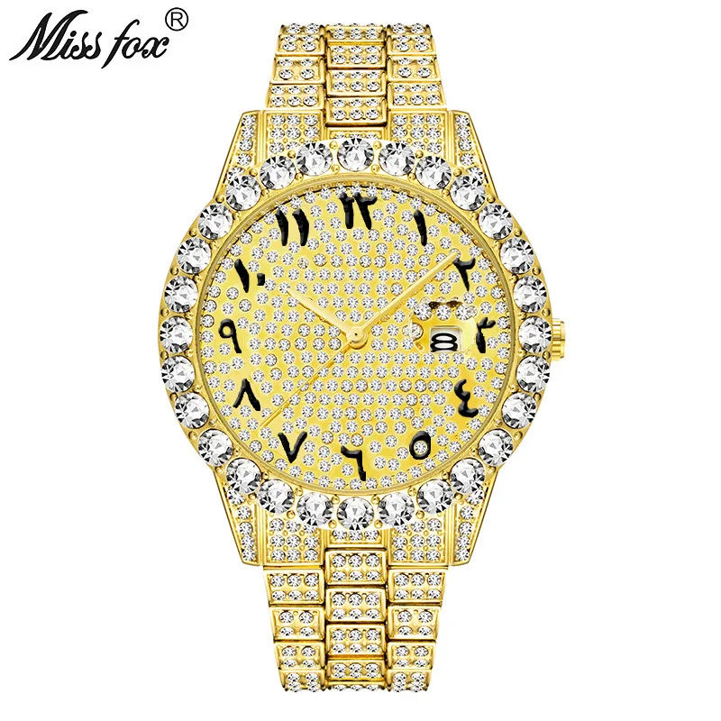 Offizielle Marke versand kostenfrei Herren diamant besetzte Edelstahl uhr Mode Hip Hop großes Zifferblatt Quarzuhr