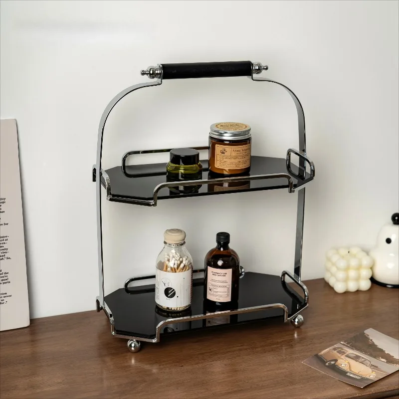 

Scandinavian Luxury Tiered Makeup Organizer Vanity Bathroom Shelf Stainless Steel Tabletop Display Tray