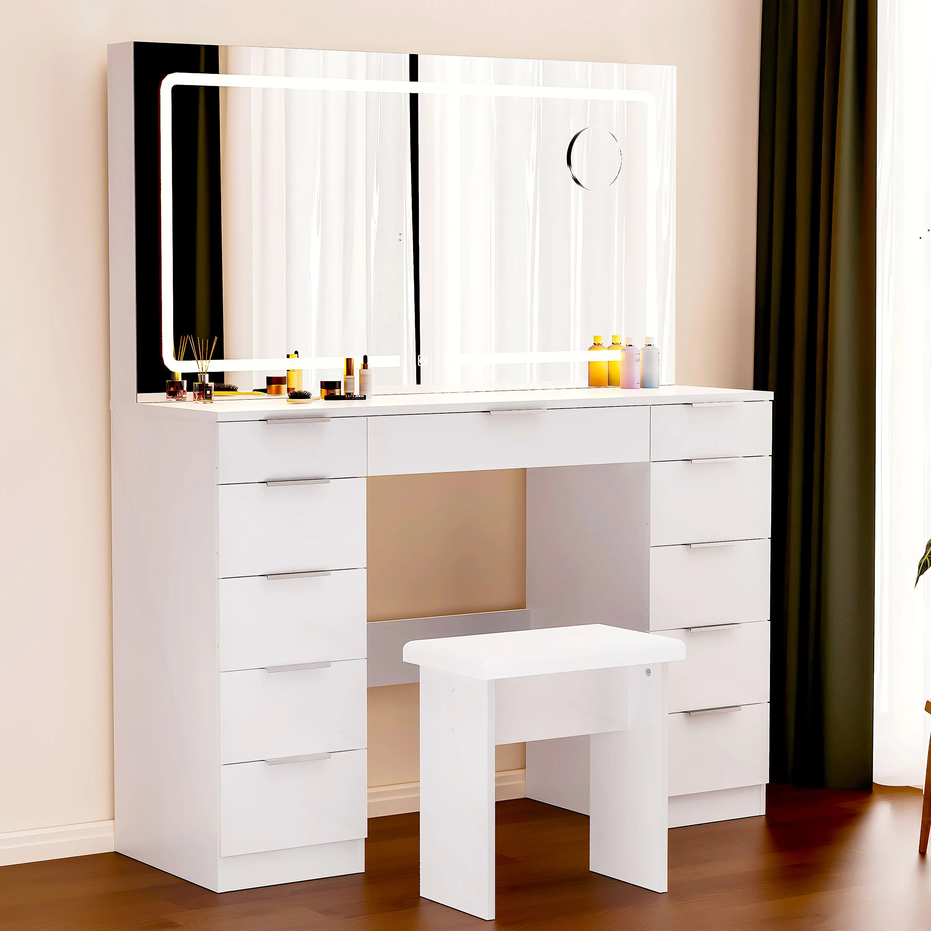 11 Drawers Dressing Table with Extra Large Mirror and 10x Magnifying, Makeup Vanity with Power Outlet, 3 Color Modes, Adjustable Brightness, Large Vanity for Dressing Room Bedroom, White
