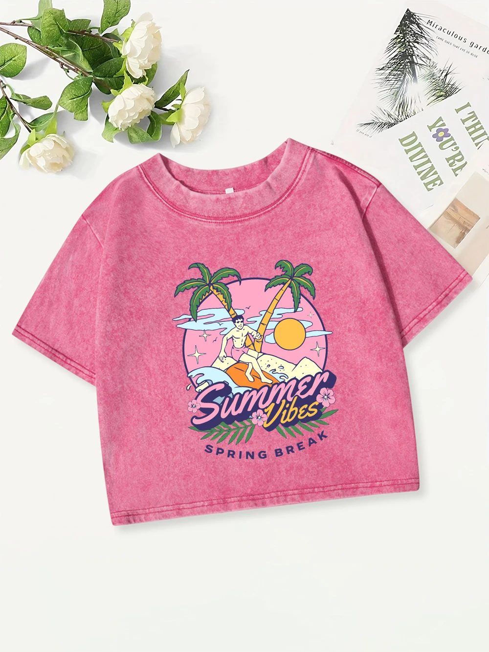 

Y2K Cotton Crop Tops Womens Summer Vibes Spring Break Beach Prints Washed T-Shirts Casual O-Neck Regular Fit Tees Street Clothes
