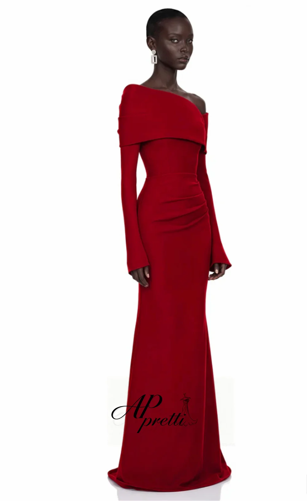 AP pretti Elegant Red Off the Shoulder Formal Evening Gown Long Sleeves Pleat Satin Reception Dress Customized Party Dress ﻿