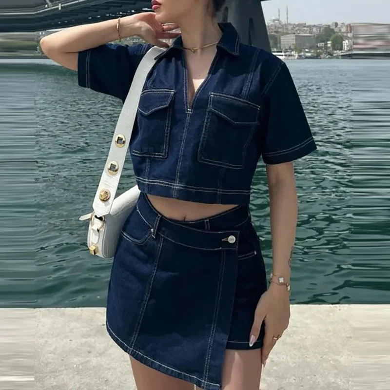 

2025 Casual Solid Pocket Commuting Outfits Summer Women's V Neck Top with Shorts Two Piece Vintage Street High Waist Denim Suit