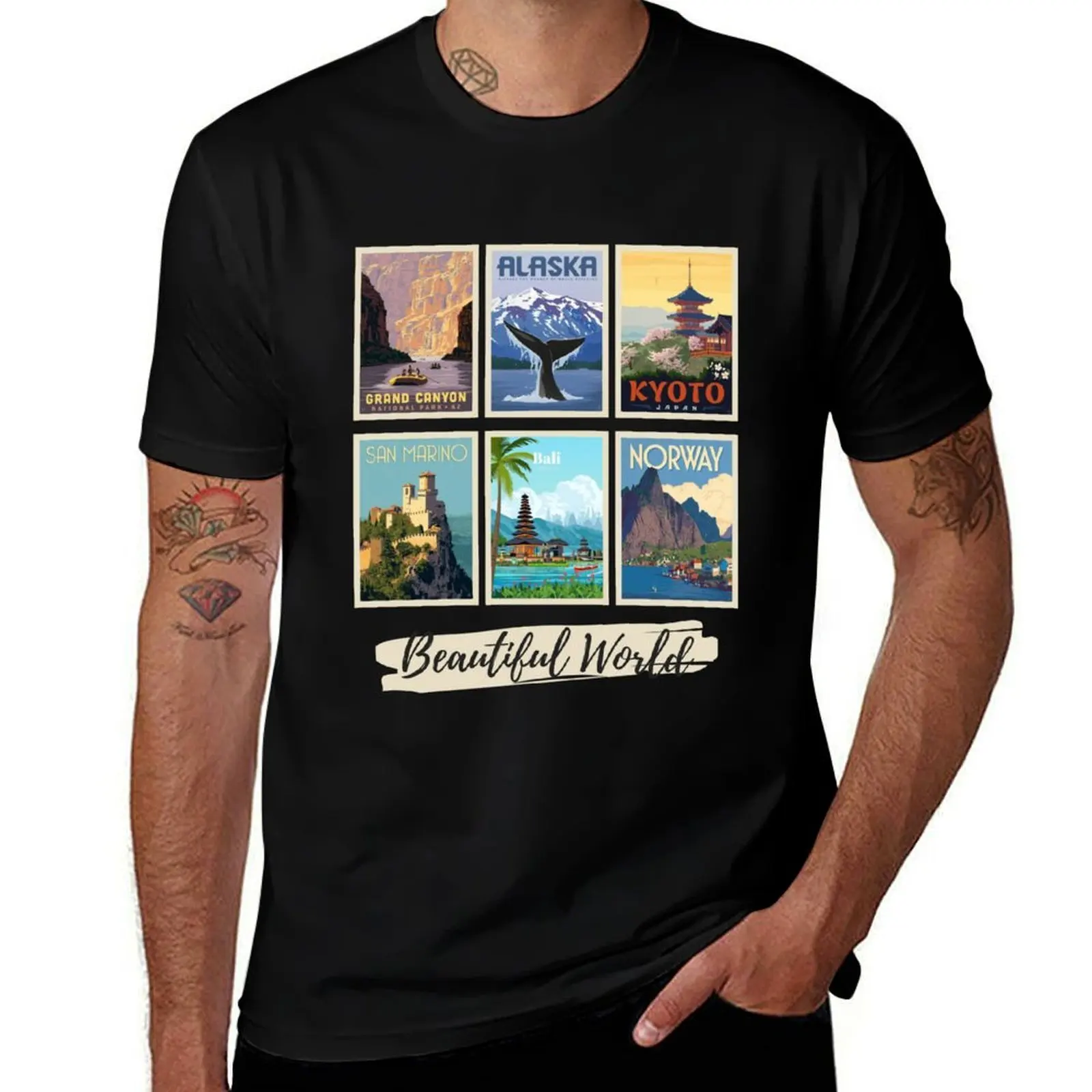 

Beautiful World is a collection of Vintage Posters in a Collage T-Shirt heavyweights summer shirt t shirts for men cotton