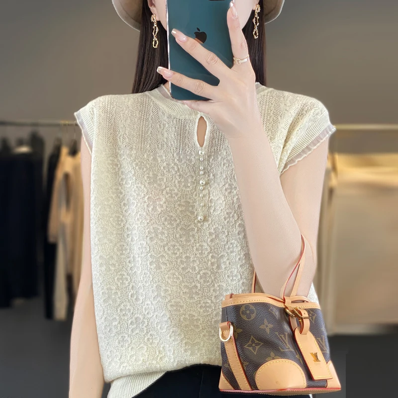 Elegant and versatile pure color pure wool T-shirt summer female Korean version of simple loose short-sleeved knit top.