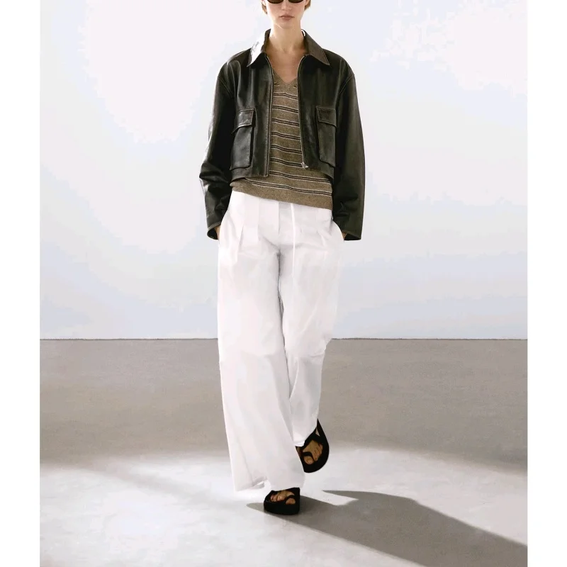 Damska kurtka jesienna z imitacji skóry PU, luźny krój, ozdobna, idealna do dojazdów do pracy.