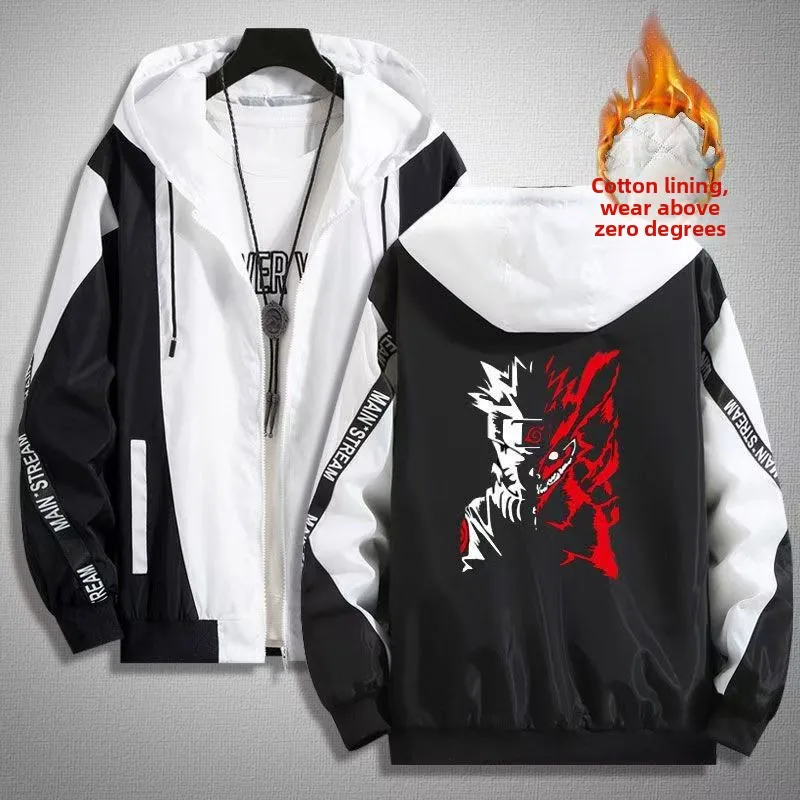 

Аниме-куртка с капюшоном для мальчиков, верхняя одежда из полиэфирного волокна, с длинными рукавами, на молнии, повседневное пальто с хлопковым наполнителем