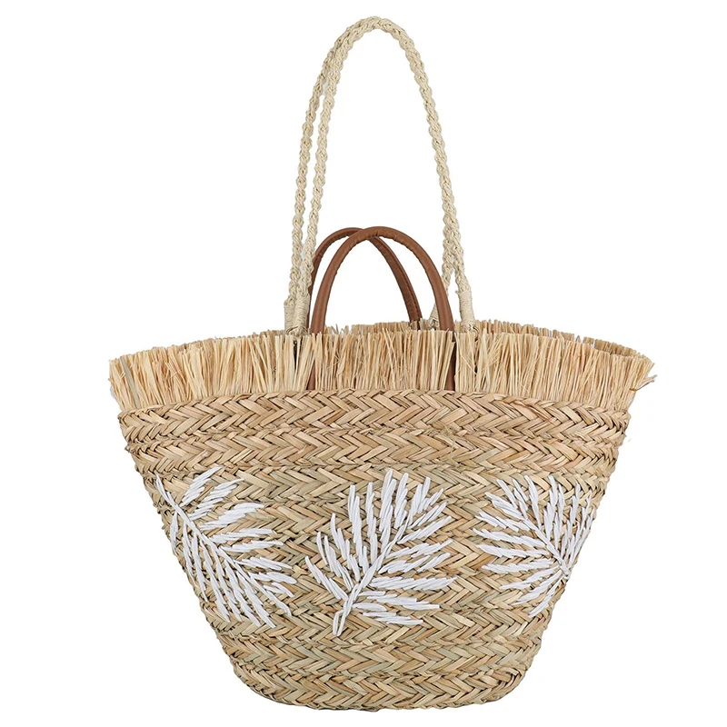 

Embroidered Leaf Pattern Handwoven Straw Tote, Large Capacity Casual Summer Beach Basket Bag, Vacation Shoulder Purse For Women