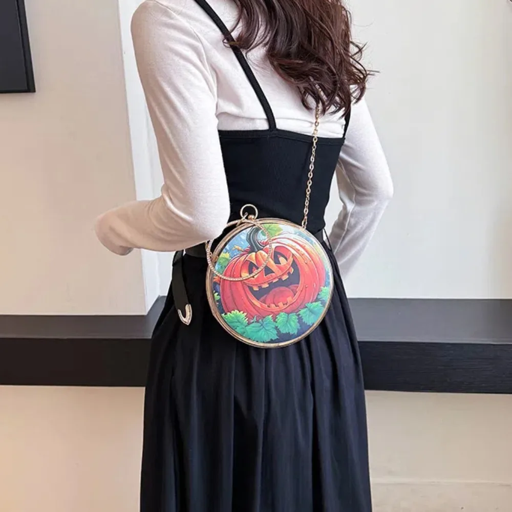 Portable Pumpkin Halloween Round Handbag Printed Cartoon 18cm Chain Crossbody Bag Dustproof Ghost Display Wrist Bag Party