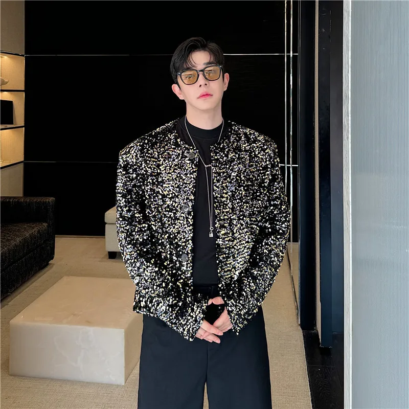 

Мужской пиджак с пайетками, с открытыми плечами, из полиэстера, для сцены, осенне-зимний, модный, класса люкс
