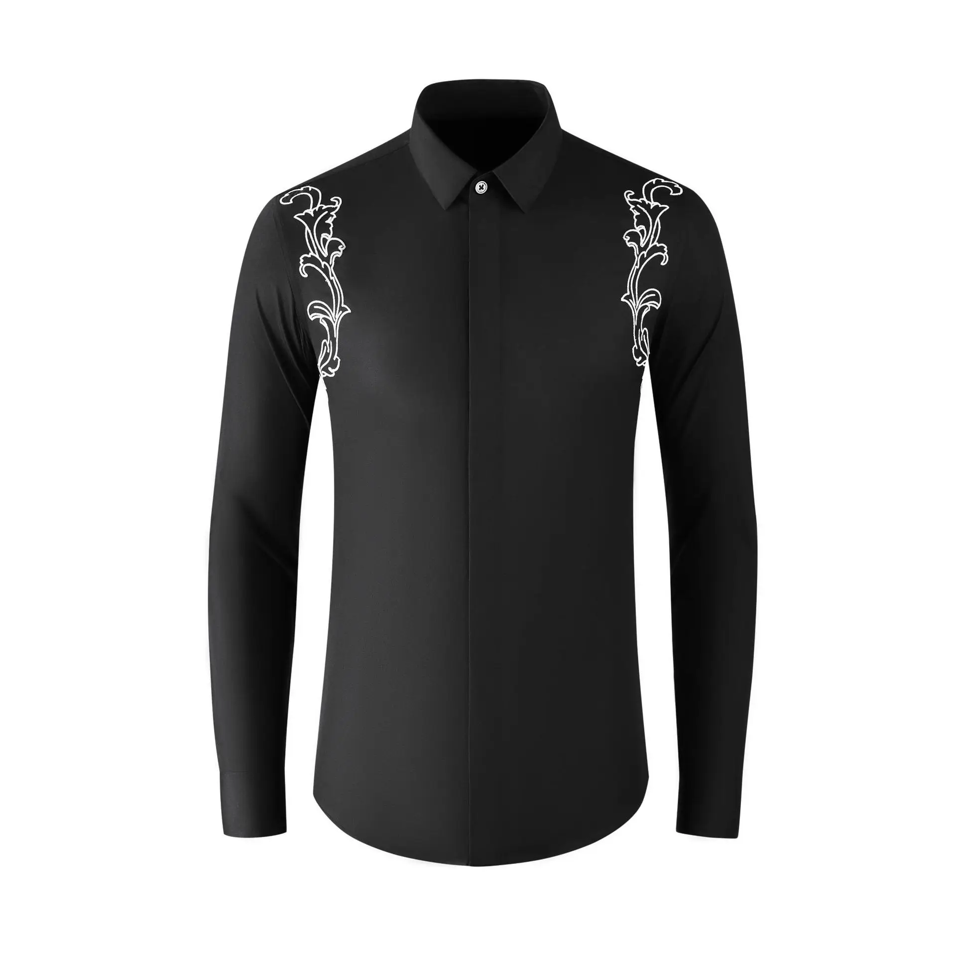 Men's Royal Flower Embroidered Shoulder Pattern Men's Fit Shirt Unique and Exquisite Taste Men's Clothing