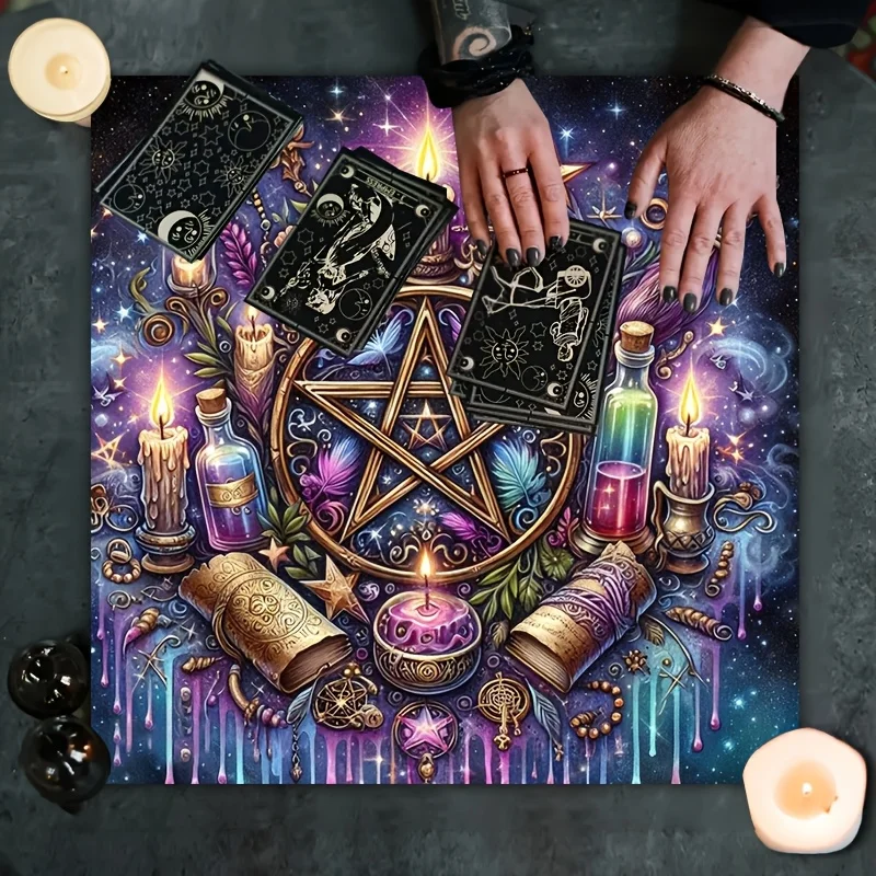 1pc Elegant Sun‑Moon Mandala Altar Table Cover With Mysterious Symbols, Vintage Floral Tablecloth, Black Oracle Mat