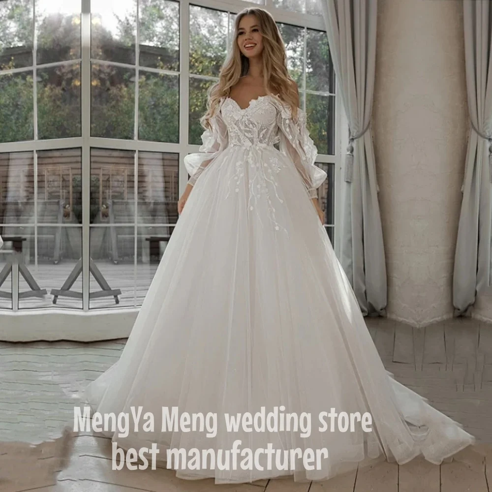 

ZHUISHU Customized Arrival Ball Gown Glitter Wedding Dress Removable Puffy Long Sleeve Appliques Lace Tulle Bohemian Bridal Gown