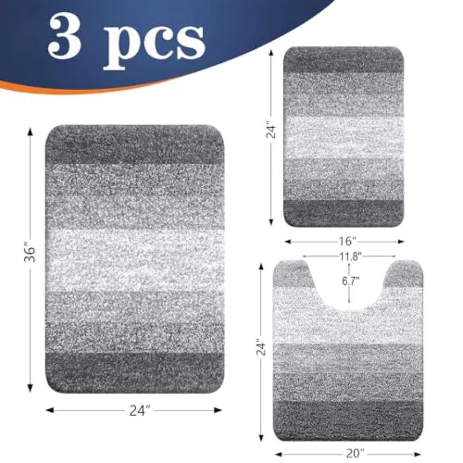 Bathroom Rugs Sets 3 Piece, Soft Absorbent Microfiber Bath Mats and U-Shaped Contour Toilet Rug, Plush Shaggy Bath Mat Set for