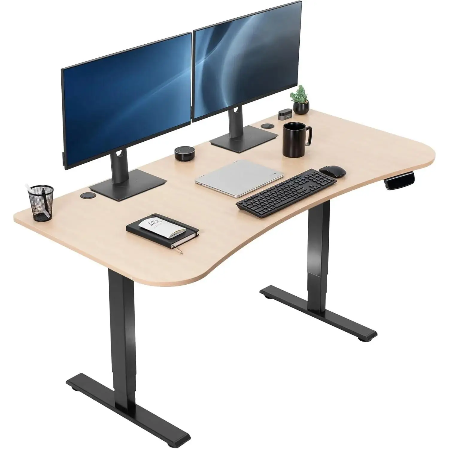 Electric Height Adjustable 63 x 32 inch Memory Stand Up Desk, Light Wood Table Top, Black Frame, Touch Screen Preset Controller